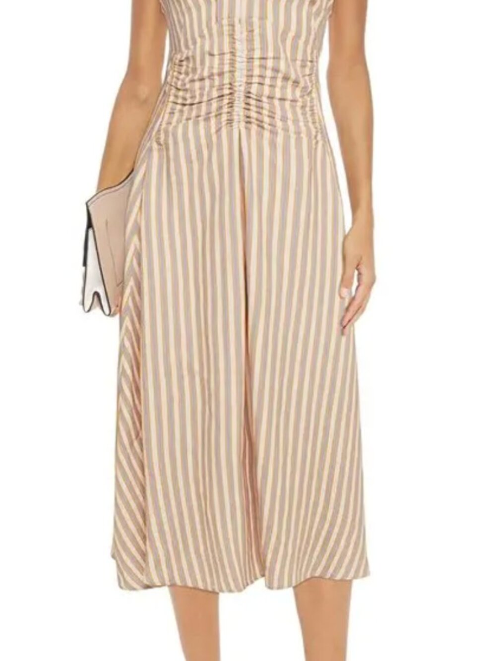 Sandro Paris Anym Ruched Embroidered Striped Twill Midi Dress Size 36
